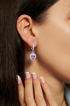 925 Ayar Ametist Taşlı Rodyum Pırlanta Işıltılı Sallantılı Kalp Gümüş Küpe