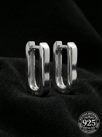 925 Ayar Gümüş Rodyum Kaplama Dikdörtgen Huggie Halka Küpe - Büyük Boy (3mm En)