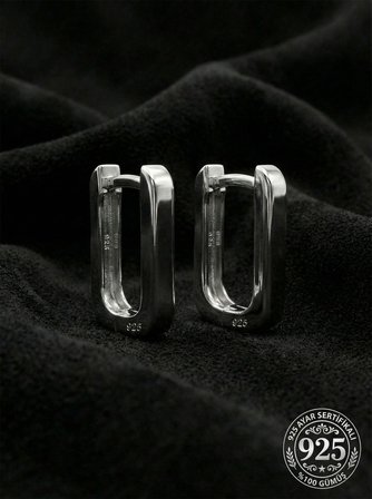 925 Ayar Gümüş Rodyum Kaplama Dikdörtgen Huggie Halka Küpe - Küçük Boy (3mm En)