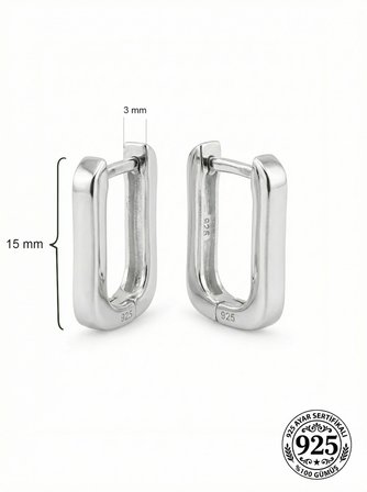 925 Ayar Gümüş Rodyum Kaplama Dikdörtgen Huggie Halka Küpe - Küçük Boy (3mm En)