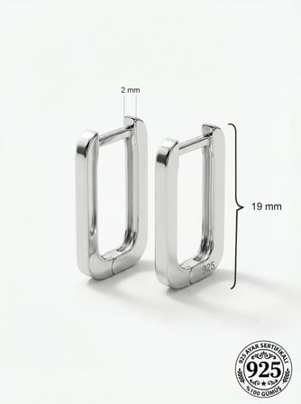925 Ayar Gümüş Rodyum Kaplama Dikdörtgen Huggie Halka Küpe - Büyük Boy (2mm En)