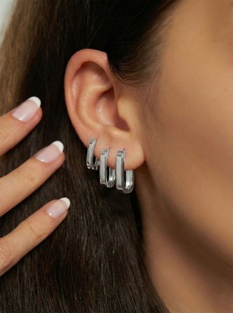 925 Ayar Gümüş Rodyum Kaplama Dikdörtgen Huggie Halka Küpe Seti 3'lü Çift - (Büyük-Orta-Küçük 3mm En)