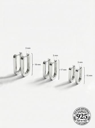 925 Ayar Gümüş Rodyum Kaplama Dikdörtgen Huggie Halka Küpe Seti 3'lü Çift - (Büyük-Orta-Küçük 3mm En)