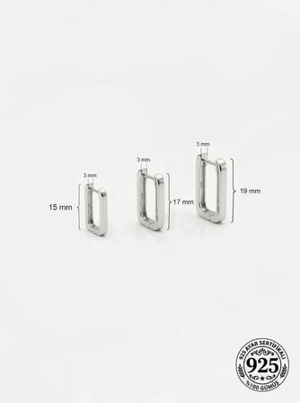 925 Ayar Gümüş Rodyum Kaplama Dikdörtgen Huggie Halka Küpe Seti 3'lü Çift - (Büyük-Orta-Küçük 3mm En)