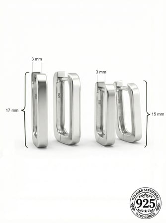 925 Ayar Gümüş Rodyum Kaplama Dikdörtgen Huggie Halka Küpe Seti 2'li Çift - (Orta-Küçük 3mm En)