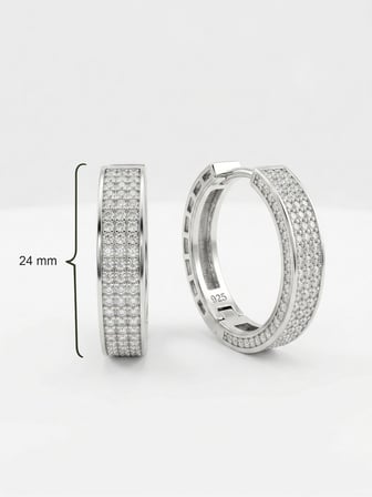 925 Ayar Gümüş Rodyum Renk Zirkon Taşlı Yarım Tur Üç Sıra Huggie Halka Küpe - Büyük