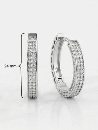 925 Ayar Gümüş Rodyum Renk Zirkon Taşlı Yarım Tur İki Sıra Huggie Halka Küpe - Büyük
