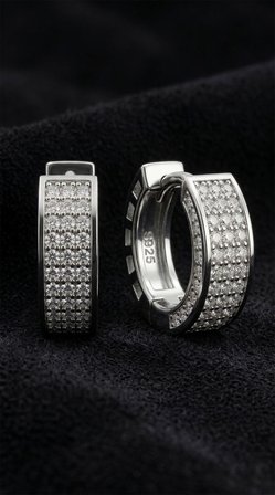 925 Ayar Gümüş Rodyum Renk Zirkon Taşlı Üç Sıra Huggie Halka Küpe - Küçük