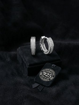 925 Ayar Gümüş Rodyum Renk Zirkon Taşlı İki Sıra Huggie Halka Küpe - Küçük