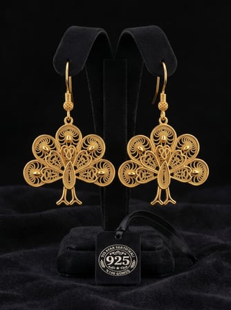 925 Ayar Geleneksel Telkari El İşçiliği Gold Tavus Kuşu Motifli Sallantılı Kanca Gümüş Küpe