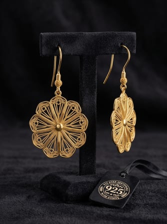 925 Ayar Geleneksel Telkari El İşçiliği Gold Papatya Motifli Sallantılı Kanca Gümüş Küpe
