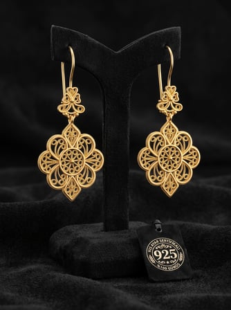 925 Ayar Gümüş Geleneksel Telkari Gold Dantel İşlemeli Sallantılı Kanca Küpe