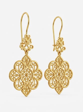 925 Ayar Gümüş Geleneksel Telkari Gold Dantel İşlemeli Sallantılı Kanca Küpe