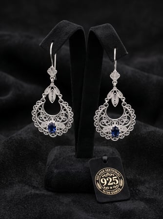925 Ayar Gümüş Geleneksel Telkari İşlemeli Safir Taşlı Sallantılı Küpe