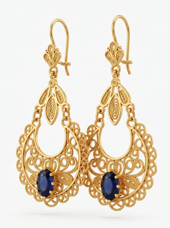 925 Ayar Gümüş Geleneksel Telkari İşlemeli Gold Safir Taşlı Sallantılı Küpe