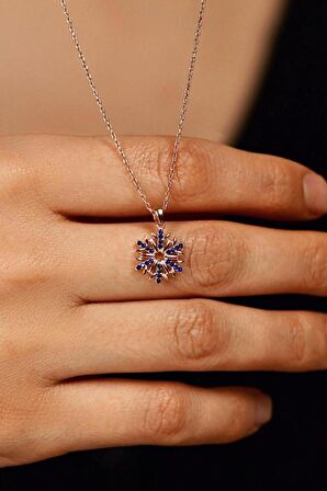 Safir Taşlı Rose Kar Tanesi Gümüş Kolye