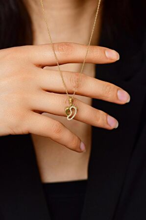 Zirkon Taşlı Gold Anne Bebek Ayak İzi Gümüş Kolye