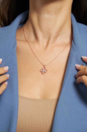 Zirkon Taşlı Rose One Cleef Gümüş Kolye