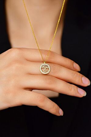 Zirkon Taşlı Gold Yaşam Ağacı Gümüş Kolye