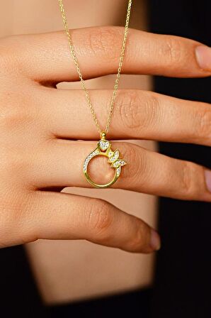 Zirkon Taşlı Gold Yüzük Motifli Gümüş Kolye