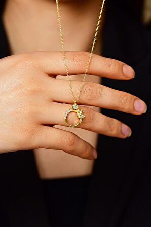 Zirkon Taşlı Gold Yüzük Motifli Gümüş Kolye