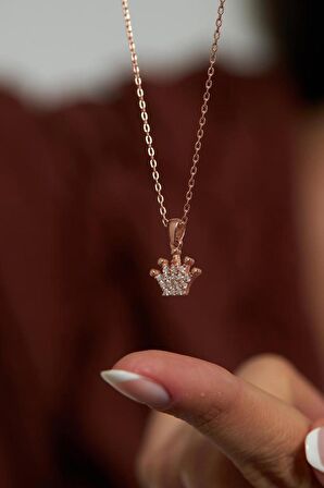 Zirkon Taşlı Rose Taç Model Minimal Gümüş Kolye
