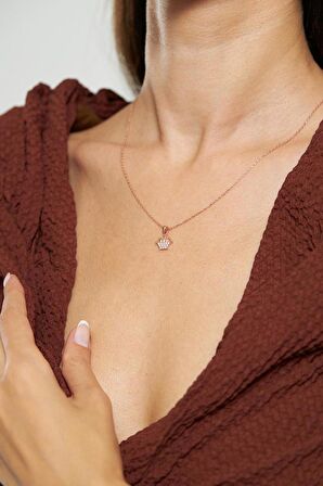 Zirkon Taşlı Rose Taç Model Minimal Gümüş Kolye