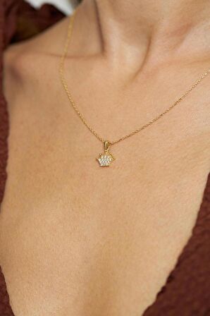 Zirkon Taşlı Gold Taç Model Minimal Gümüş Kolye