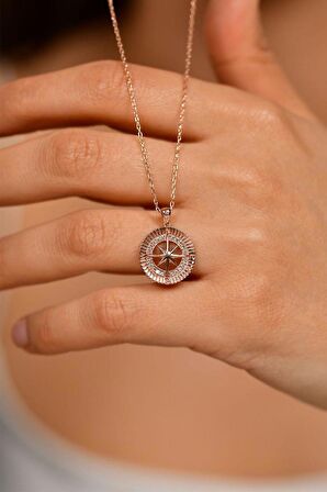 Zirkon Taşlı Rose Pusula Gümüş Kolye