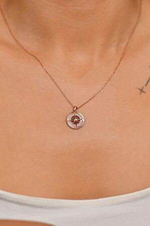 Zirkon Taşlı Rose Pusula Gümüş Kolye