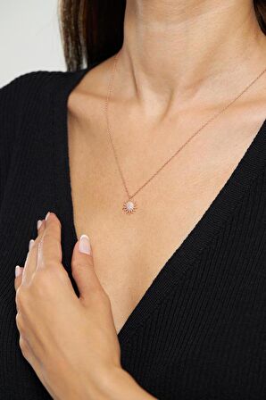 Zirkon Taşlı Rose Güneş Minimal Gümüş Kolye