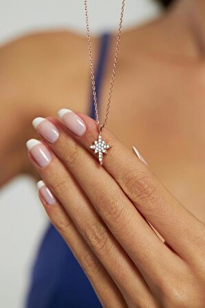 Zirkon Taşlı Rose Kuzey Yıldızı Minimal Gümüş Kolye