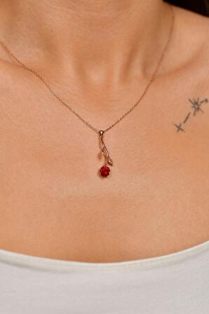 Mineli Rose Kırmızı Gül Gümüş Kolye