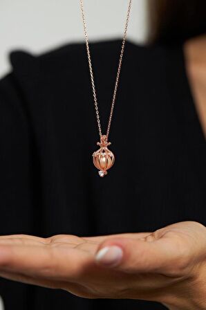 Zirkon Taşlı Rose Kalp Motifli İncili Kafes Gümüş Kolye