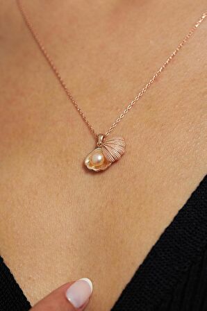 İnci Taneli Rose İstiridye Gümüş Kolye