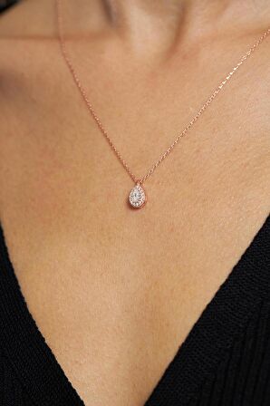 Zirkon Taşlı Rose Minimal Damla Anturaj Gümüş Kolye