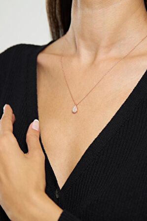 Zirkon Taşlı Rose Minimal Damla Anturaj Gümüş Kolye