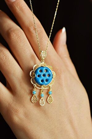 Firuze Taşlı Gold Yedi Göz Süryani Nazarlığı Telkari Gümüş Kolye