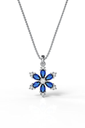 925 Ayar Safir Taşlı Rodyum Lotus Çiçeği Gümüş Kolye