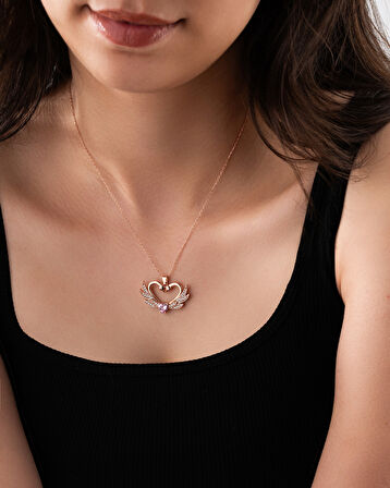 925 Ayar Zirkon Taşlı Rose Birleşen Kuğular Kalp Motifli Gümüş Aşk Kolyesi