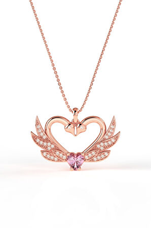 925 Ayar Zirkon Taşlı Rose Birleşen Kuğular Kalp Motifli Gümüş Aşk Kolyesi