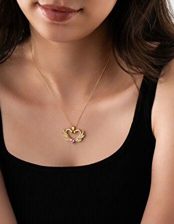 925 Ayar Zirkon Taşlı Gold Birleşen Kuğular Kalp Motifli Gümüş Aşk Kolyesi