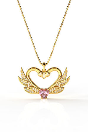 925 Ayar Zirkon Taşlı Gold Birleşen Kuğular Kalp Motifli Gümüş Aşk Kolyesi