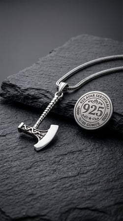 925 Ayar Gümüş Erkek Kolye - Oksitli Viking Savaşçı Baltası Uçlu Tilki Kuyruğu Örgü Zincir
