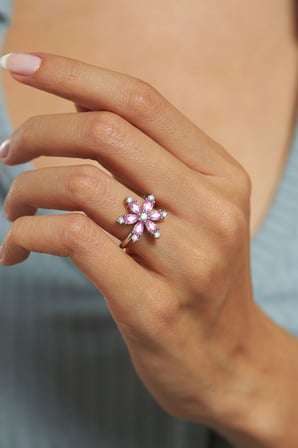 925 Ayar Pembe Taşlı Rodyum Lotus Çiçeği Ayarlanabilir Gümüş Yüzük