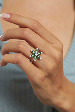 925 Ayar Zümrüt Taşlı Rodyum Lotus Çiçeği Ayarlanabilir Gümüş Yüzük