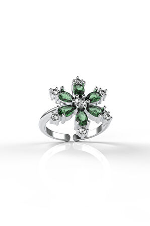 925 Ayar Zümrüt Taşlı Rodyum Lotus Çiçeği Ayarlanabilir Gümüş Yüzük