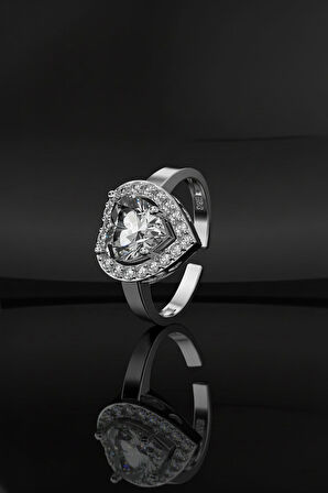 925 Ayar Zirkon Taşlı Rodyum Pırlanta Işıltılı Kalp Ayarlanabilir Gümüş Yüzük