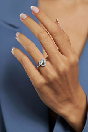 925 Ayar Zirkon Taşlı Rodyum Pırlanta Işıltılı Kalp Ayarlanabilir Gümüş Yüzük