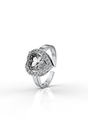 925 Ayar Zirkon Taşlı Rodyum Pırlanta Işıltılı Kalp Ayarlanabilir Gümüş Yüzük